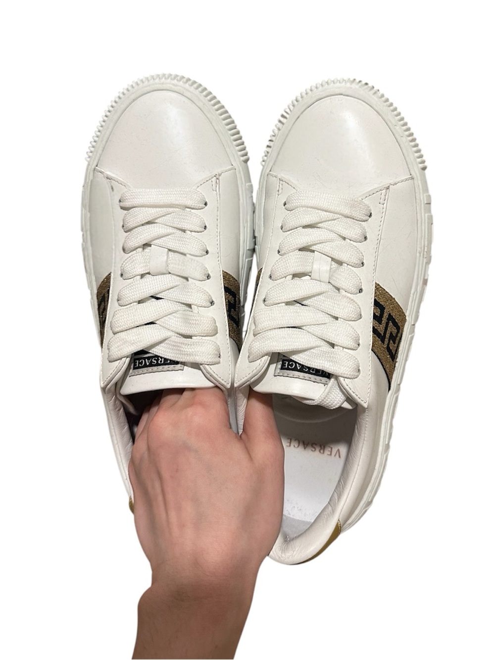 Versace White Leather Sneakers with Gold Black Logo Accent
